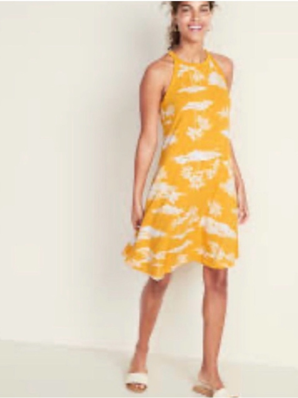 Old Navy Halter Swing Dress Yellow Palm Trees Size XS